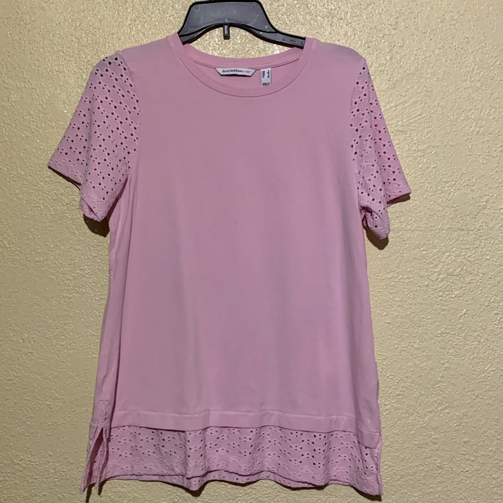 Isaac Mizrahi Top Blouse S Pink Pullover Stretchy Short Sleeve Round Neck Cotton